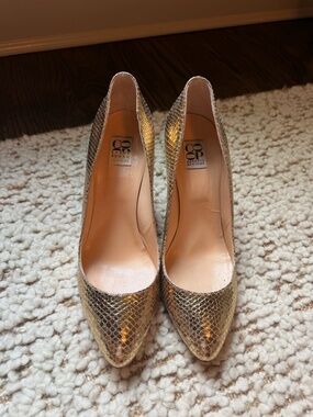 Barneys New York Co-Op Gold Snakeskin-Effect Pointed Toe Pumps - Size 39